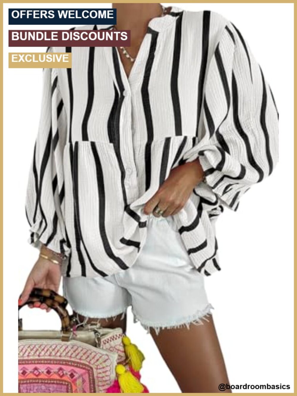 Puff Sleeve Babydoll Button Down Blouse Cotton Flowy Striped Shirt